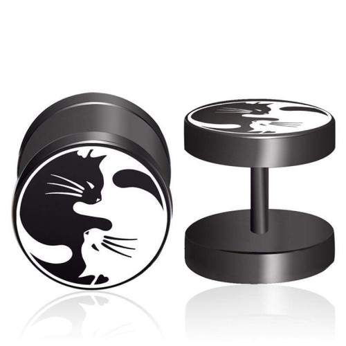 Yin Yang Black Cat Stud Earrings