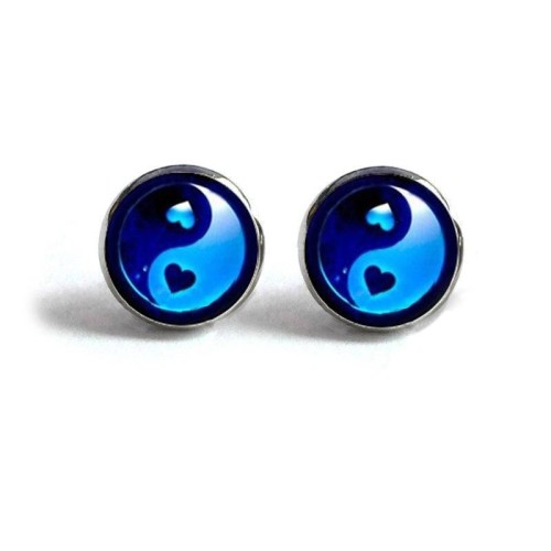 Yin Yang Blue Heart Stud Earrings