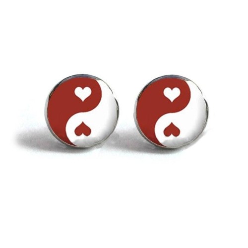Yin Yang Red Heart Stud Earrings